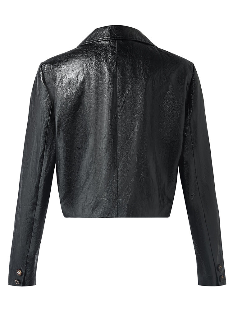 PU Leather Lapel Single-Breasted Women Crop Jacket GOELIA