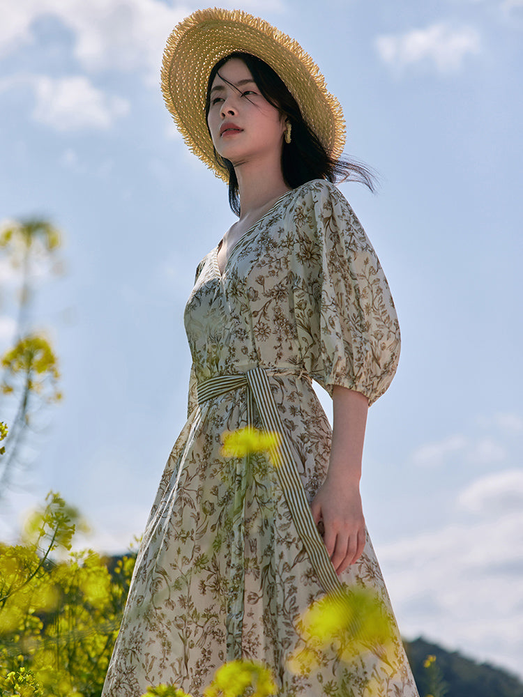 Floral Printed V-neck Dress GOELIA