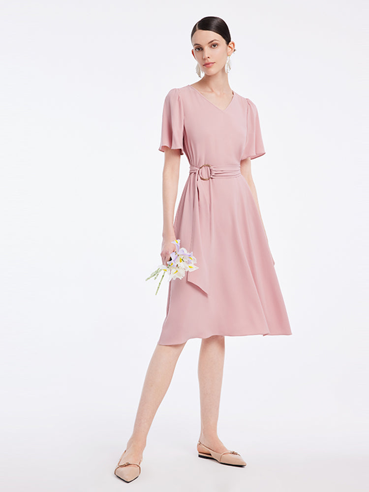 V-Neck Acetate Midi Dress With Belt GOELIA