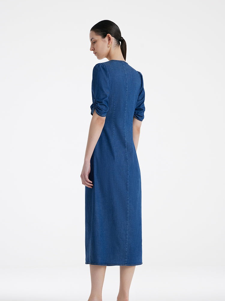 Denim V-Neck Twist Waist Women Midi Dress GOELIA