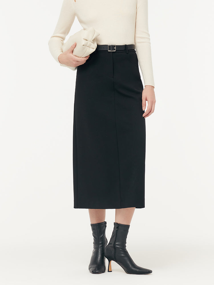 Stretch Women Knit Midi Skirt With Belt GOELIA