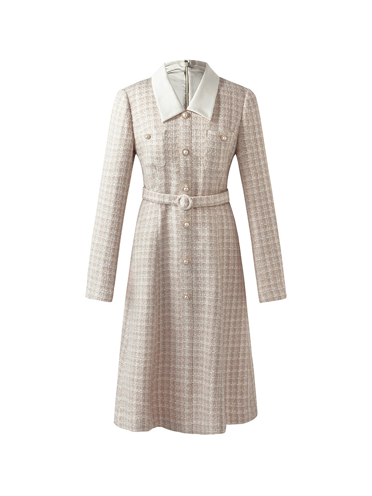 Wool Blend Tweed Patchwork Lapel Women Midi Dress With Belt GOELIA