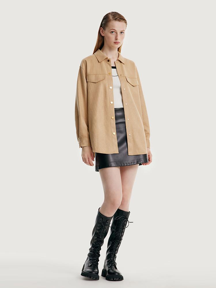 Faux Suede Coat With Leather Belt GOELIA