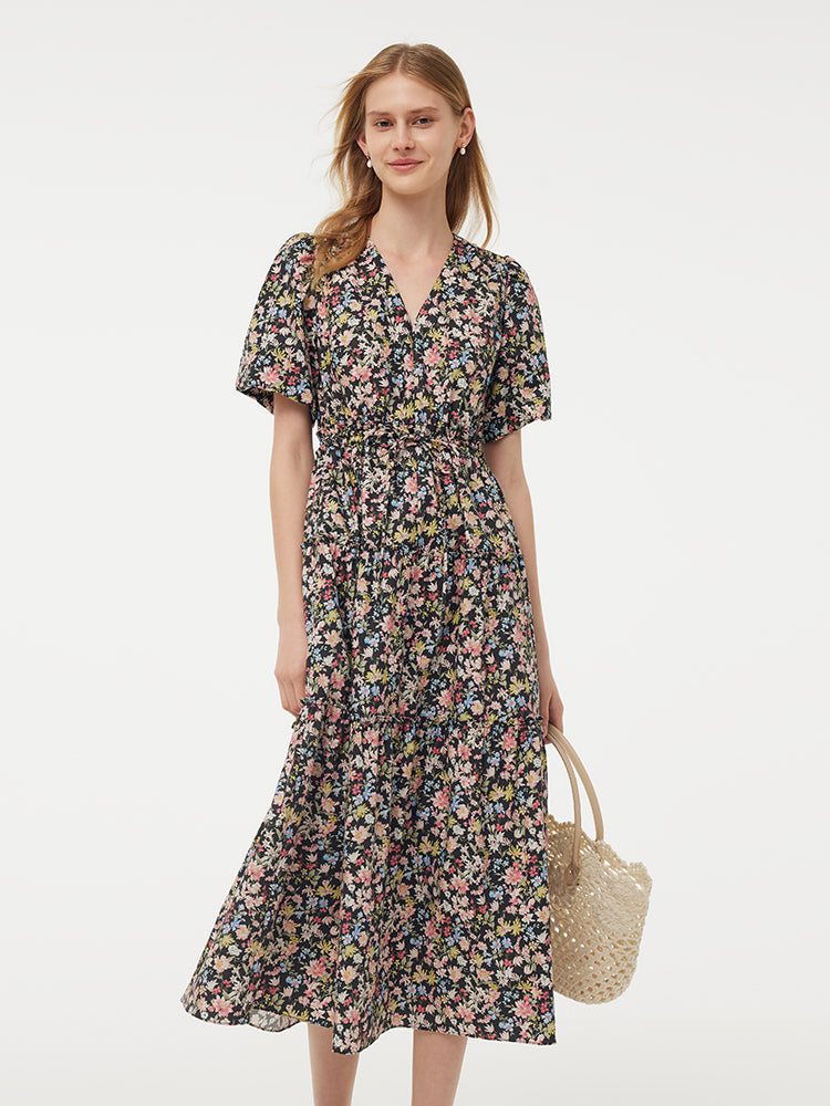 Cotton Puff Sleeve Drawstring Waist Floral Print Women Midi Dress GOELIA