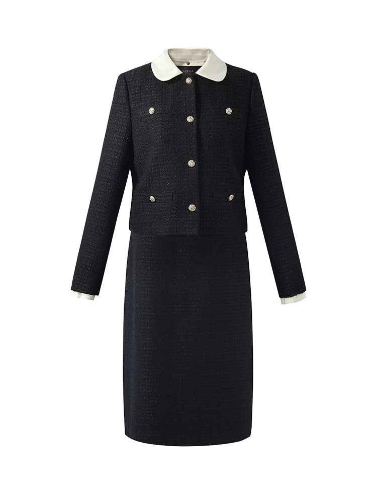 Tweed Crop Jacket And A-Line Skirt Two-Piece Set With Detachable Contrast Collar GOELIA