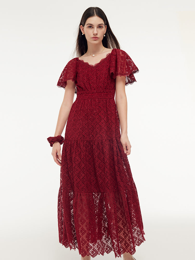 Lace Openwork Gathered Waist Women Tiered Maxi Dress With Scrunchie GOELIA