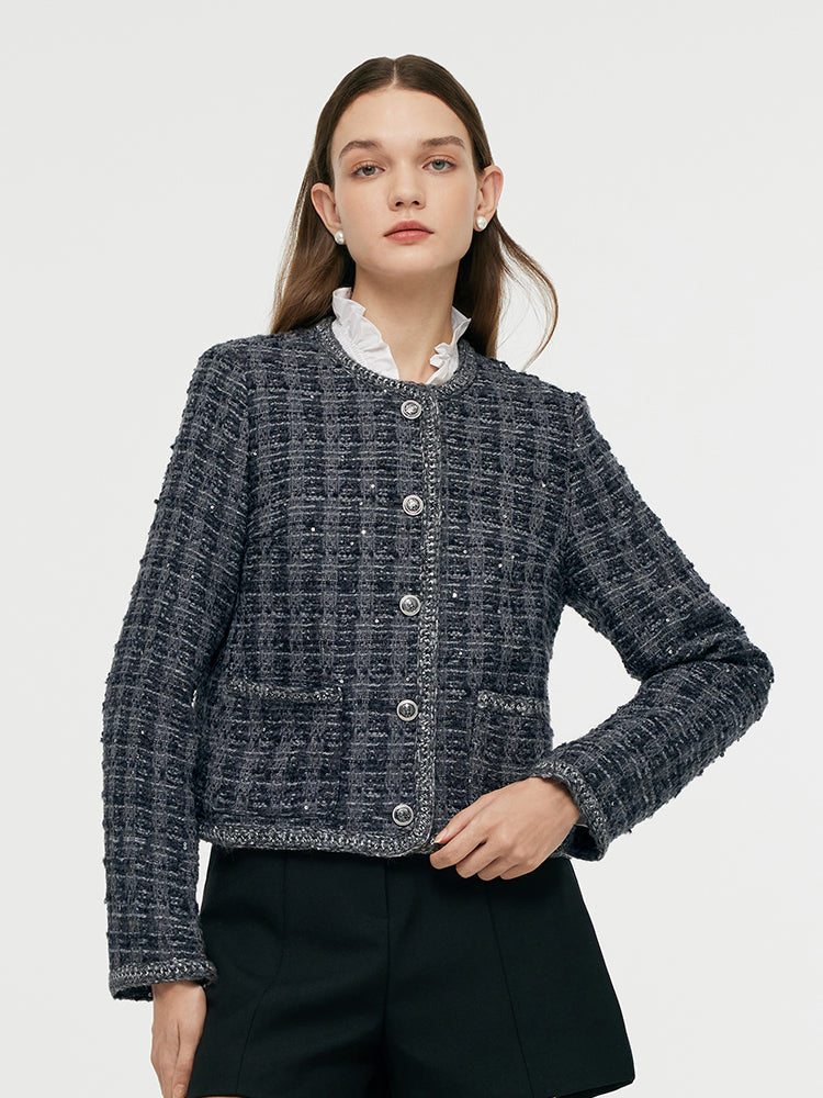 Wool Blend Tweed Sequins Women Crop Jacket GOELIA