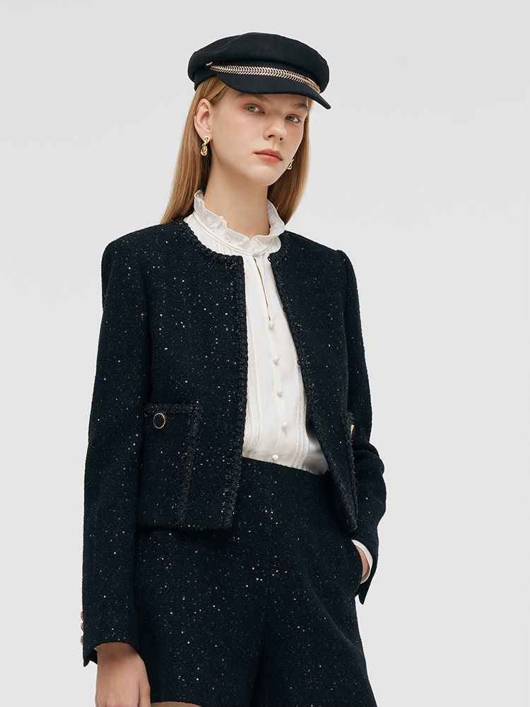 Wool Blend Tweed Sequins Women Crop Jacket GOELIA