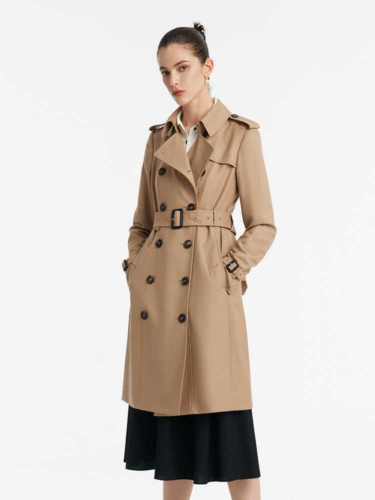 Worsted Wool Gathered Waist Double-Breasted Women Trench Coat – GOELIA