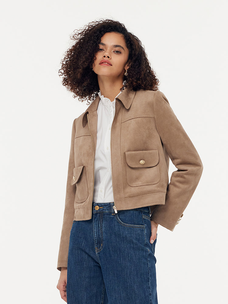 Suede Zip-Up Women Crop Jacket GOELIA