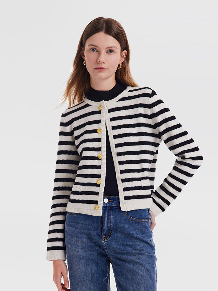 Button Up Woolen Striped Lady Cardigan GOELIA