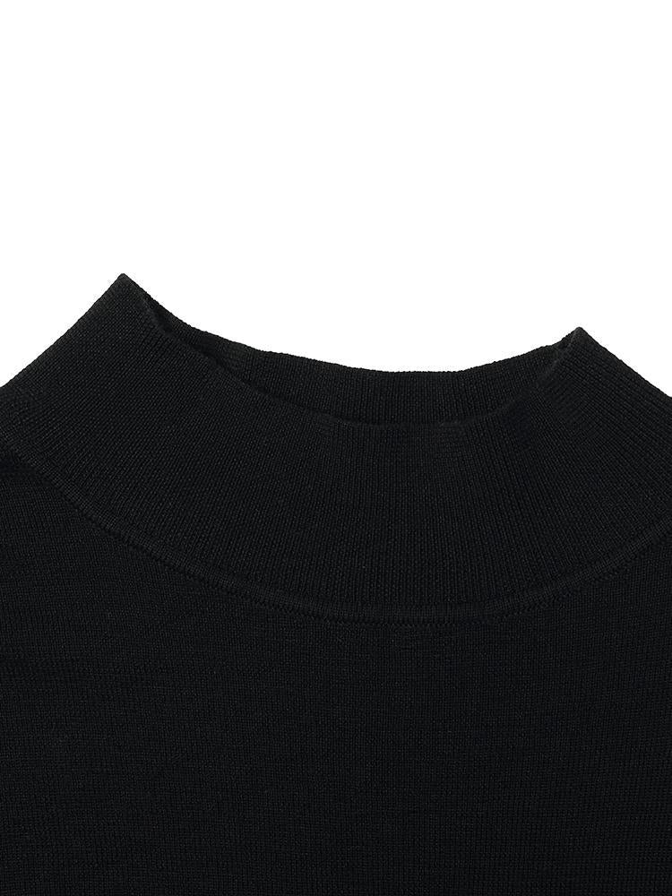 Black Pure Wool Mock Neck Knit Midi Work Dress GOELIA