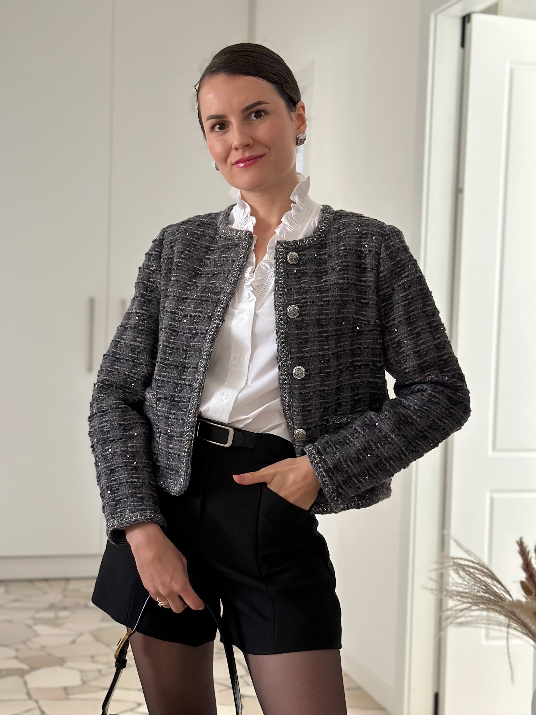 Wool Blend Tweed Sequins Women Crop Jacket GOELIA