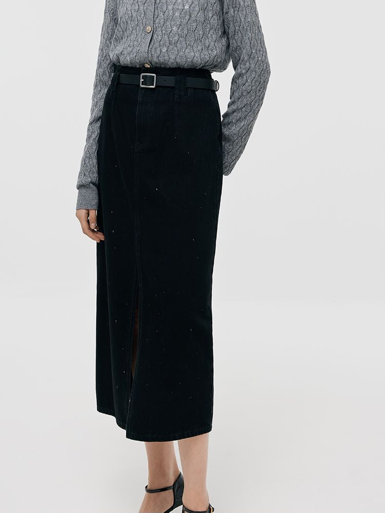 Denim Rhinestone Slit Women Skirt With Belt GOELIA