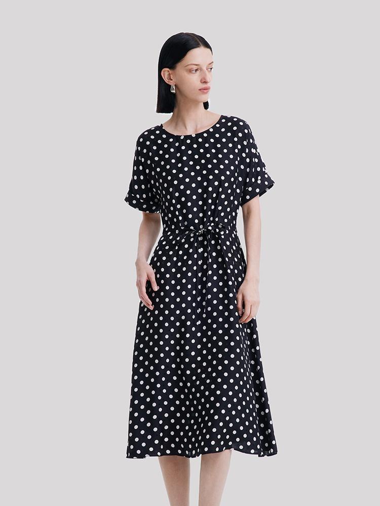 Round Neck Polka Dot Jacquard Silk Dress GOELIA