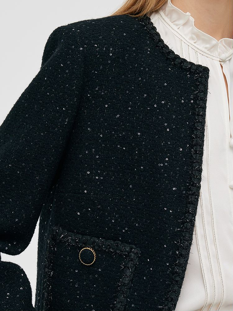 Wool Blend Tweed Sequins Women Crop Jacket GOELIA