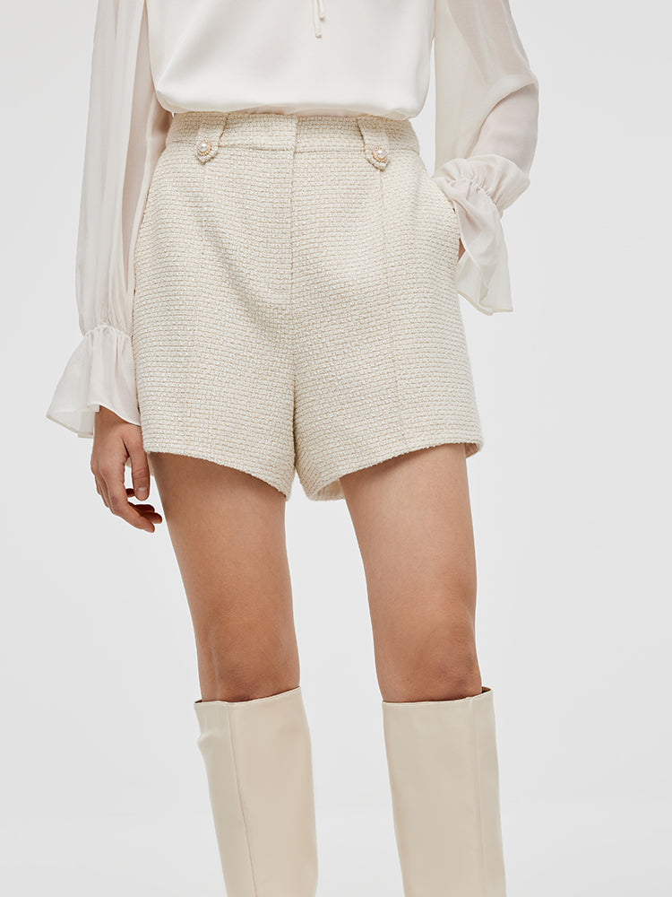 Ivory White Tweed A-Line Women Shorts GOELIA