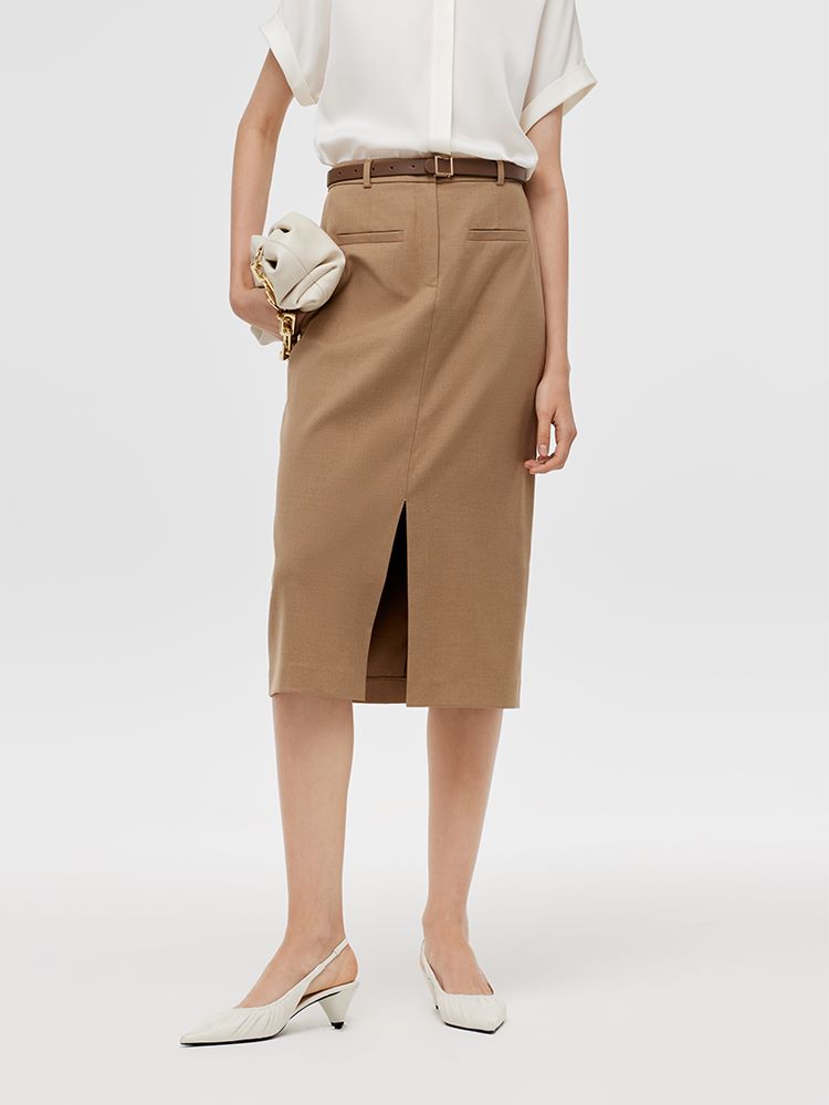 Basic Straight Slit Women Skirt With Belt GOELIA