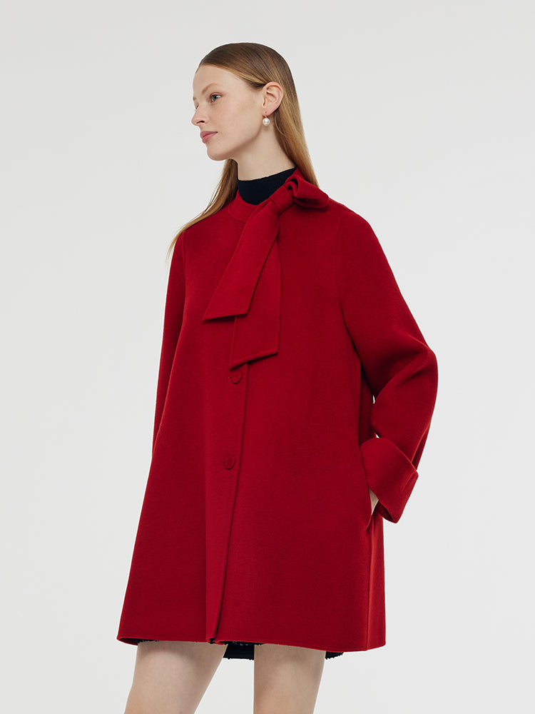 Tencel Wool Women Coat With Detachable Bowknot GOELIA