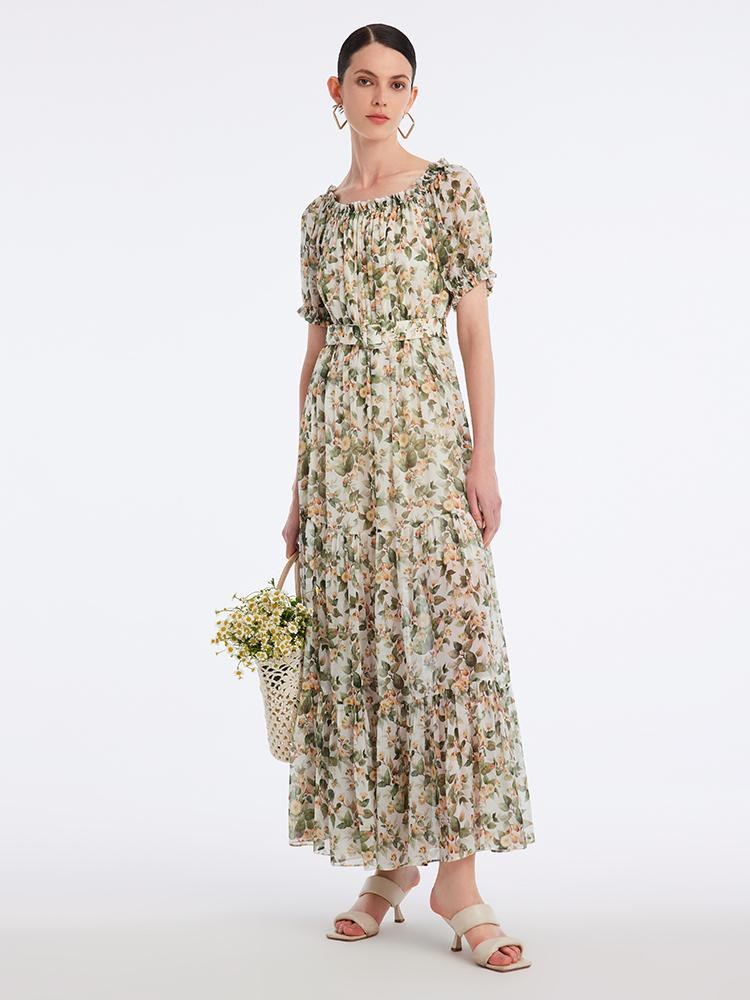 Silk Floral Print Maxi Dress GOELIA