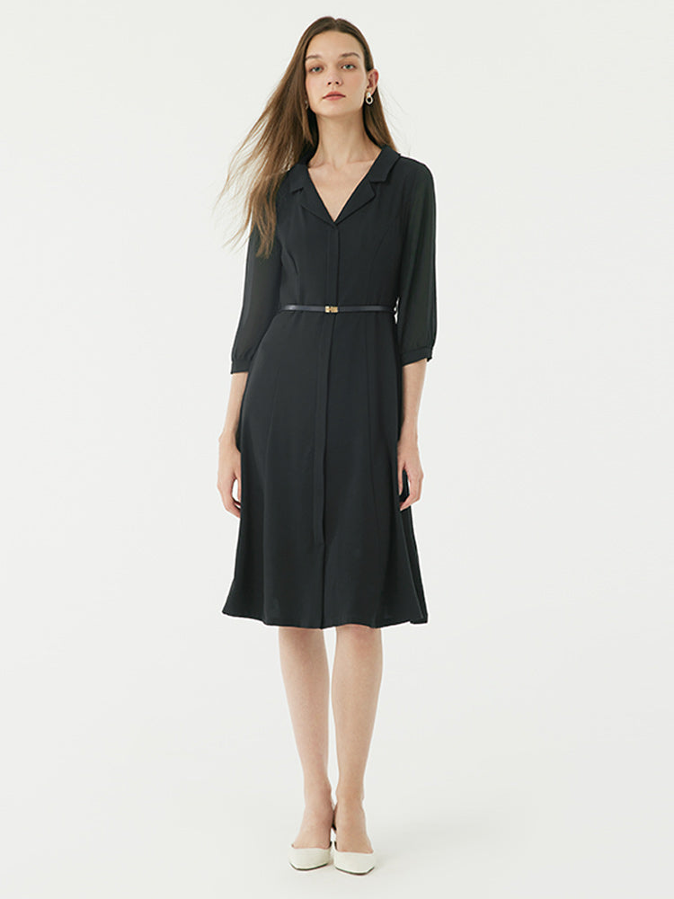 Black Gathered Waist Midi Dress GOELIA