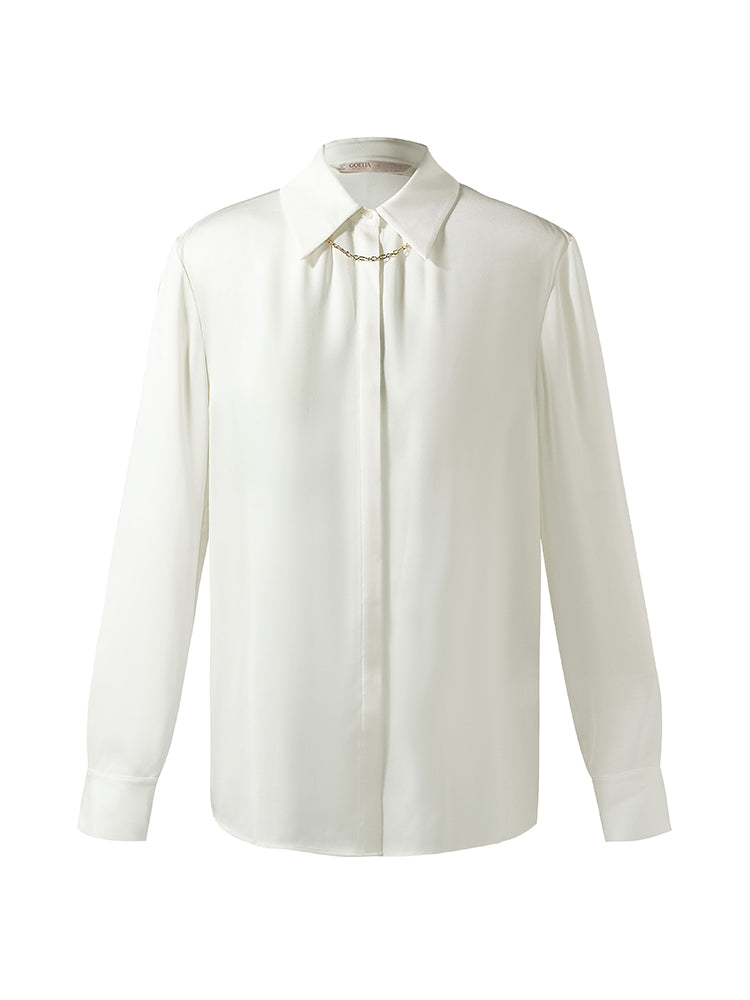 Acetate White Lapel Women Shirt With Detachable Chain GOELIA