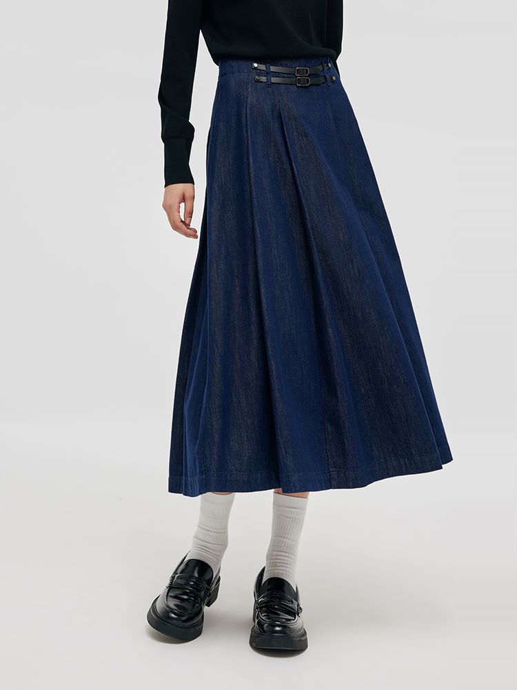 Denim Pleated Women Half Skirt GOELIA