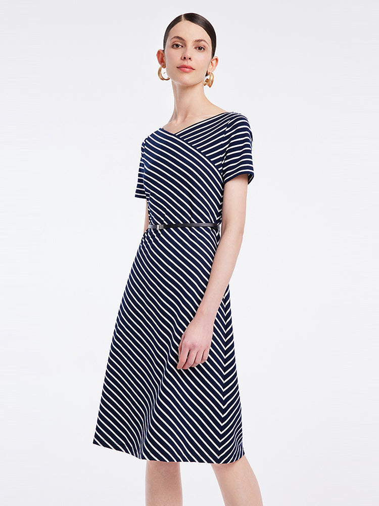 Knitted Stripe Dress With Leather Belt GOELIA