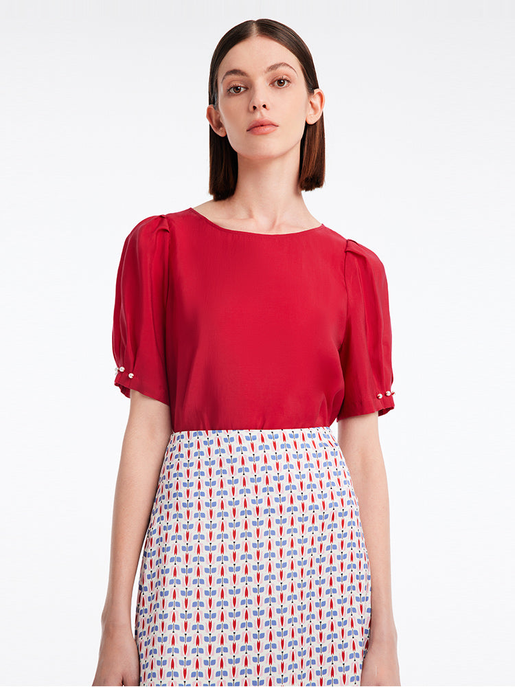 Chili Red Puff Sleeve Shirt GOELIA