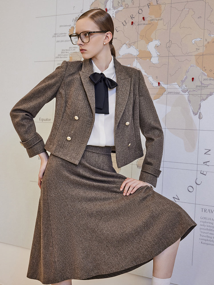 Washable Wool Crop Jacket And A-Line Skirt Two-Piece Set GOELIA