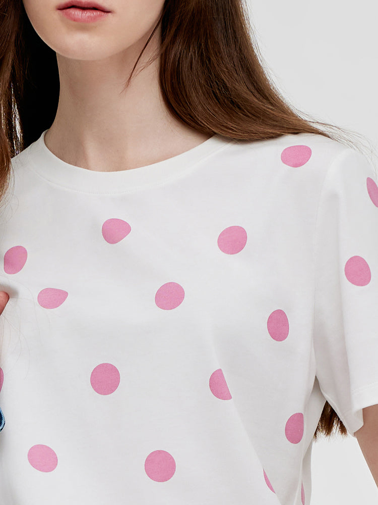 Polka Dots Printed Round Neck Women T-Shirt GOELIA