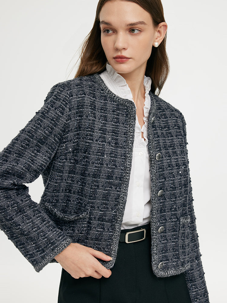 Wool Blend Tweed Sequins Women Crop Jacket GOELIA