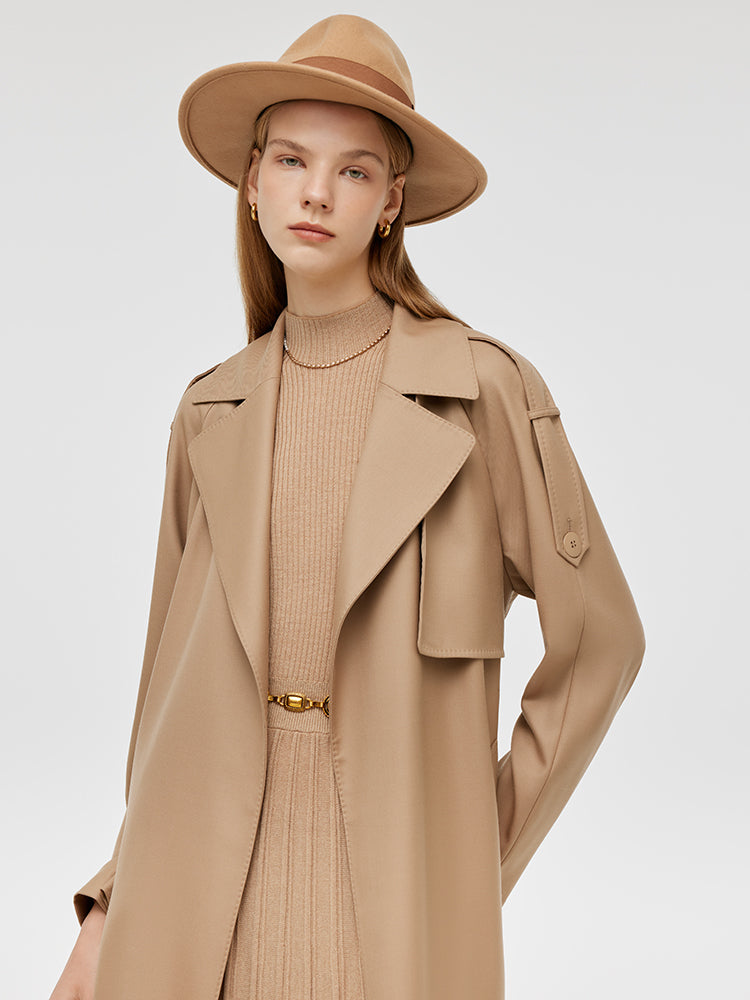 Worsted Wool Lapel Women Trench Coat With Belt GOELIA