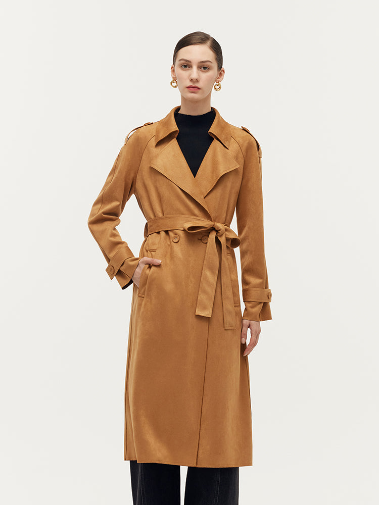 Faux Suede Women Trench Coat With Belt GOELIA