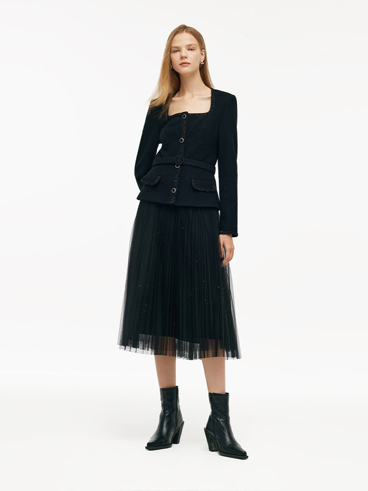 Wool Crop Jacket And Tulle Skirt Two-Piece Set With Belt GOELIA