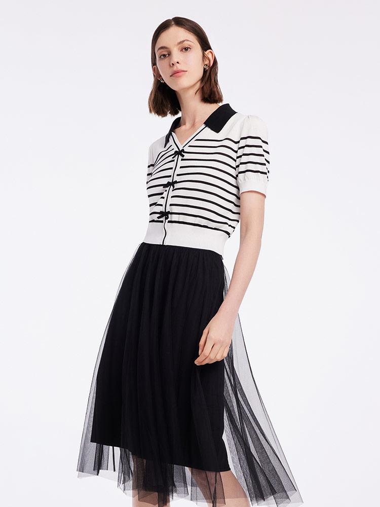 Black And White Striped Top And Mesh Half Skirt Two-piece Set GOELIA