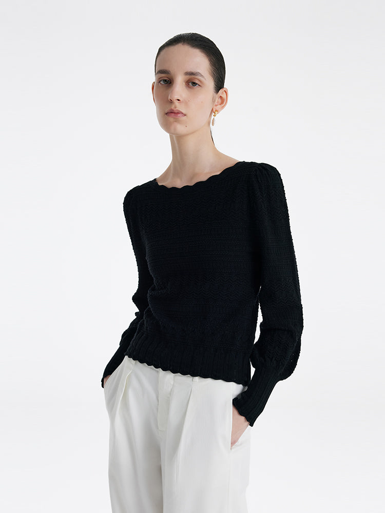 Tencel Wool Blend Wave Cut Collar Women Sweater GOELIA