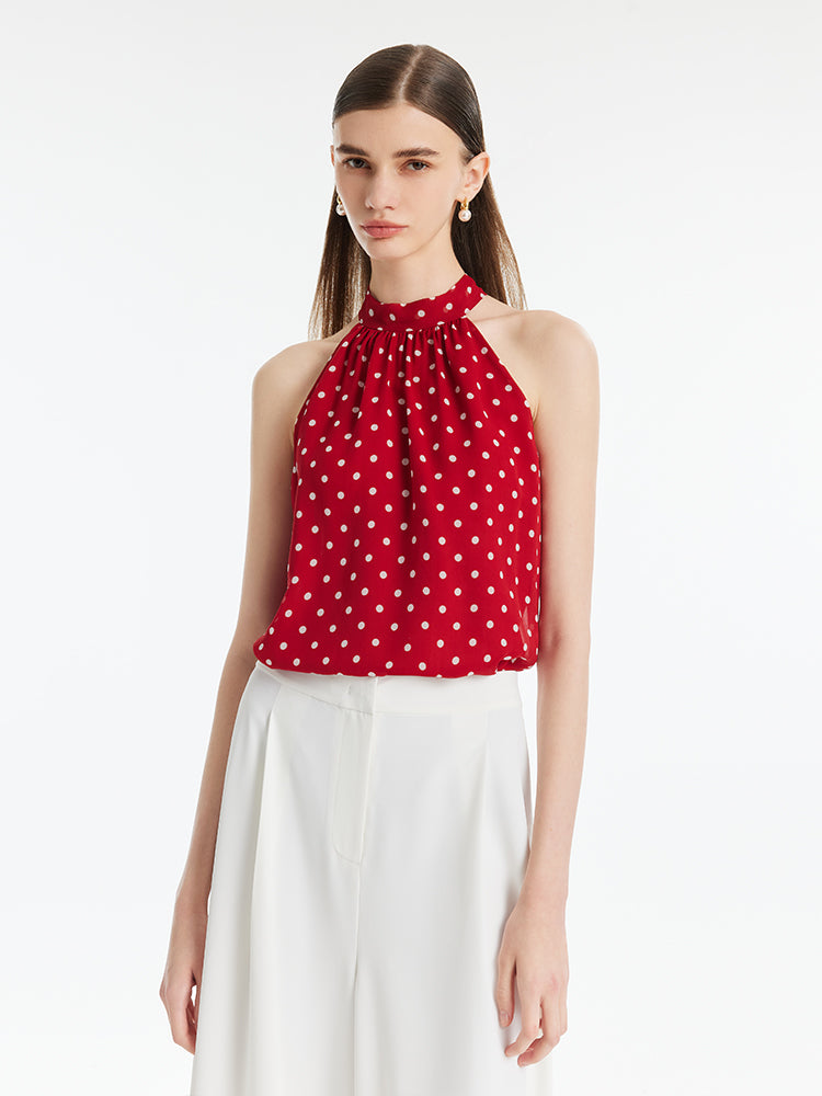 10 Momme Mulberry Silk Polka Dots Women Halter Top With Scrunchie GOELIA