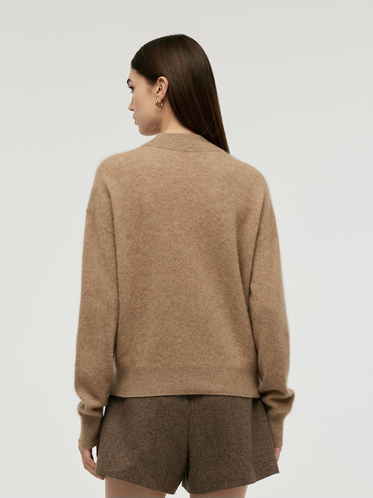 Cashmere Mock Neck Women Sweater With Wheat Ear Brooch GOELIA