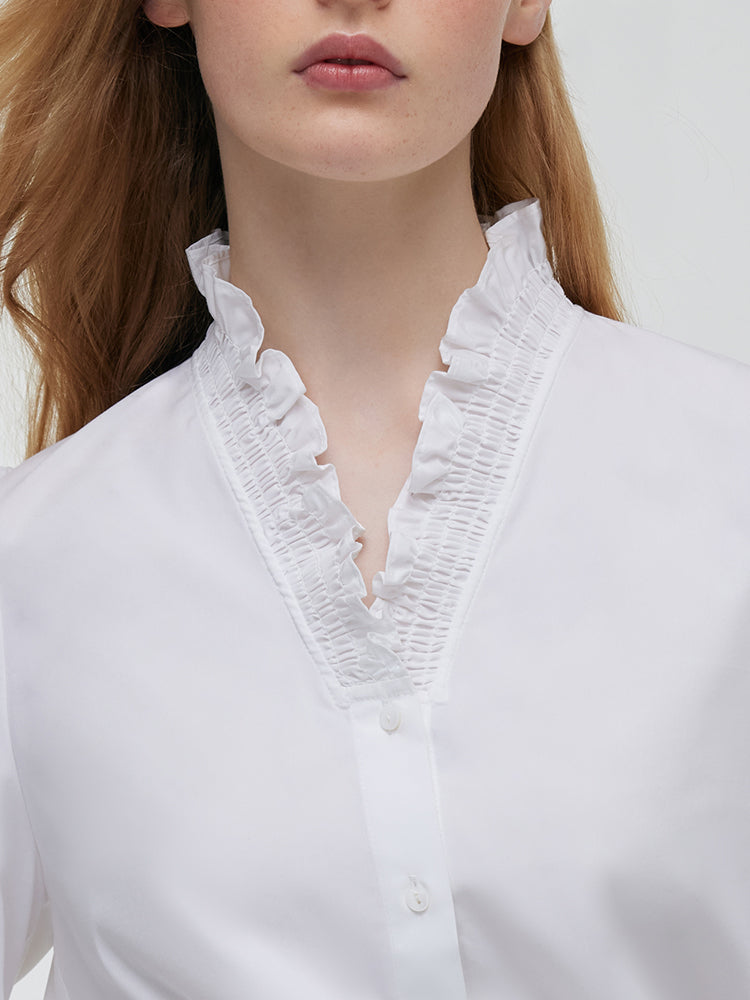 Ruffle Collared V-Neck Women Shirt GOELIA