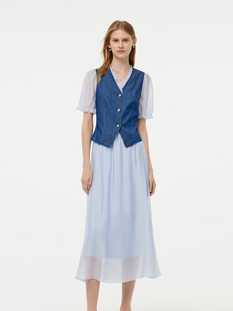 Denim Lyocell Patchwork Crop Jacket And Skirt Two-Piece Set GOELIA