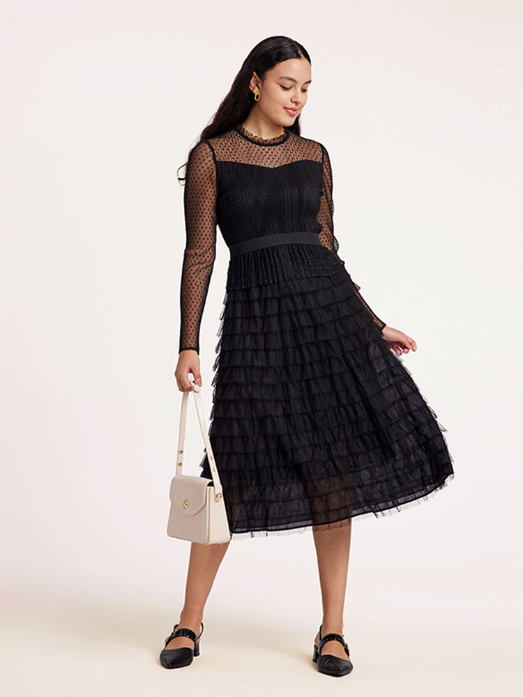 Pleated Tiered Sheer Sleeve Cake Midi Dress GOELIA