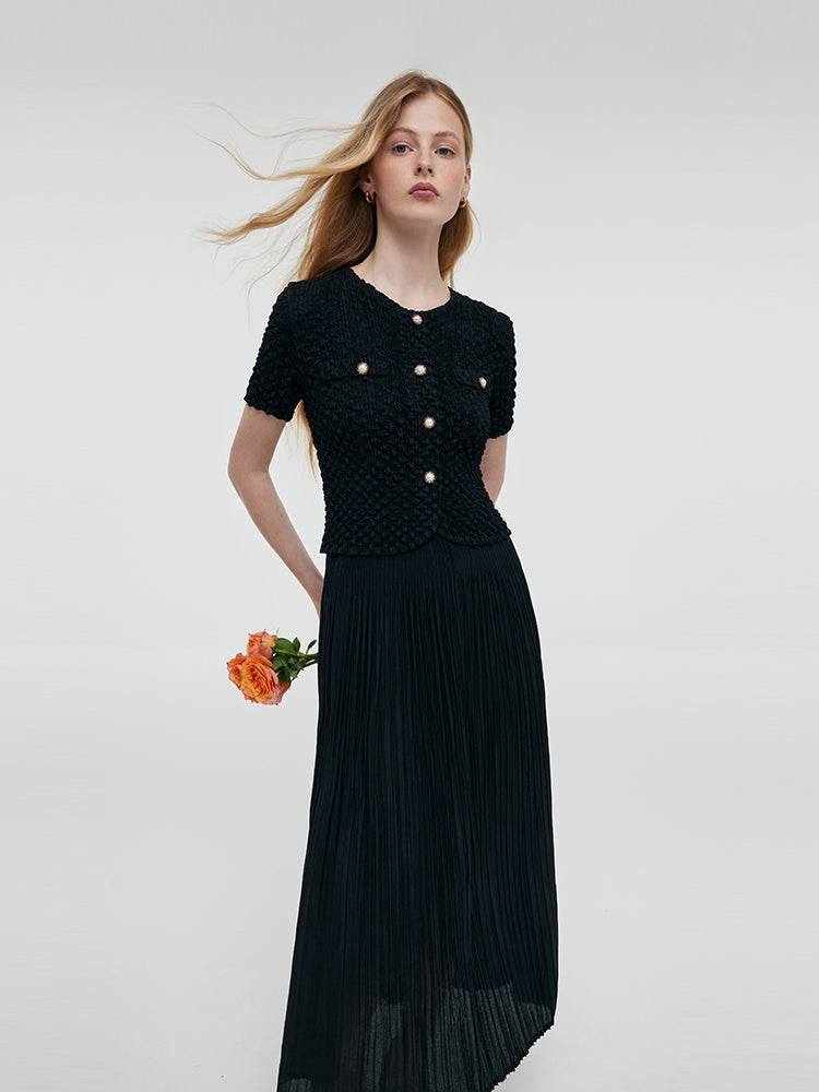 Black Top And Pleated Midi Skirt Two-Piece Set GOELIA