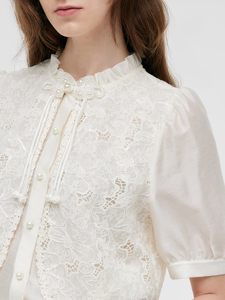 New Chinese-Style Lace Sequins Patchwork Women Blouse GOELIA