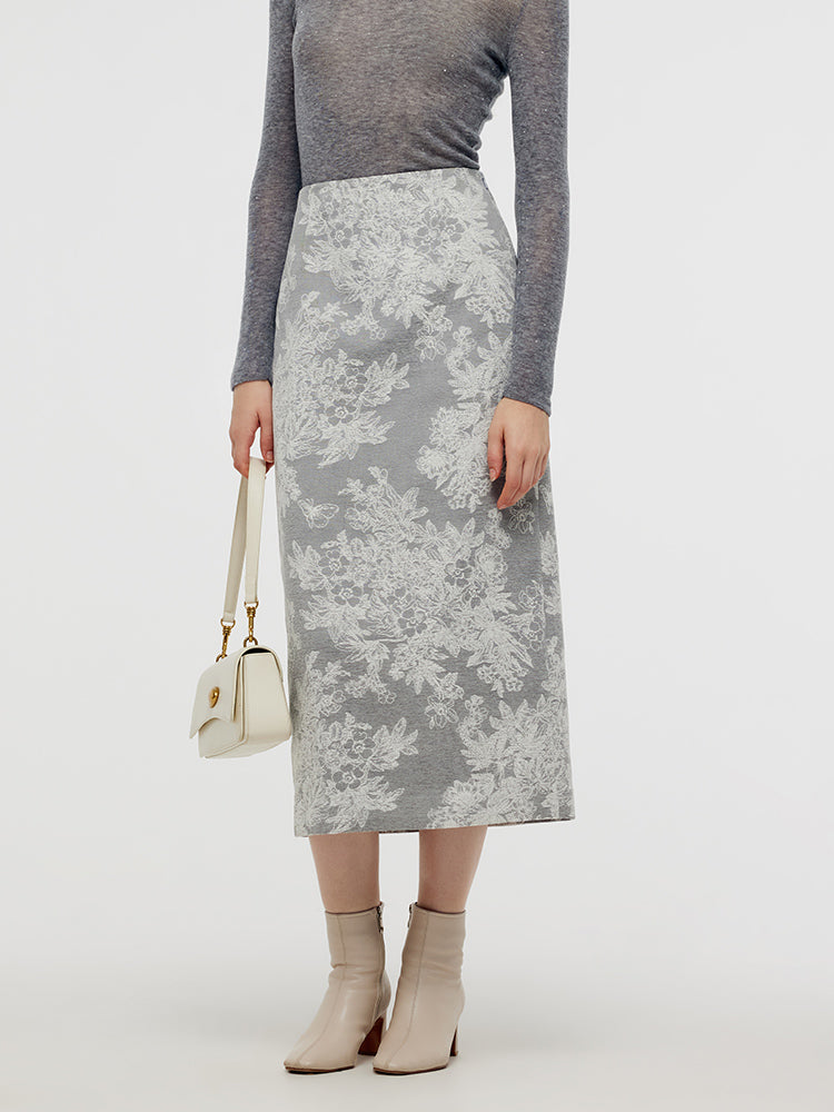 Silver Floral Jacquard Women Column Midi Skirt GOELIA