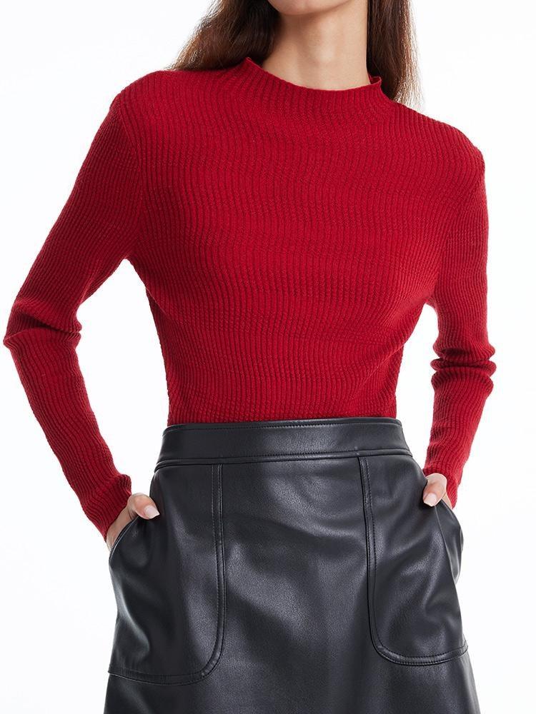 Pure Wool Mock Neck Slim Women Sweater GOELIA