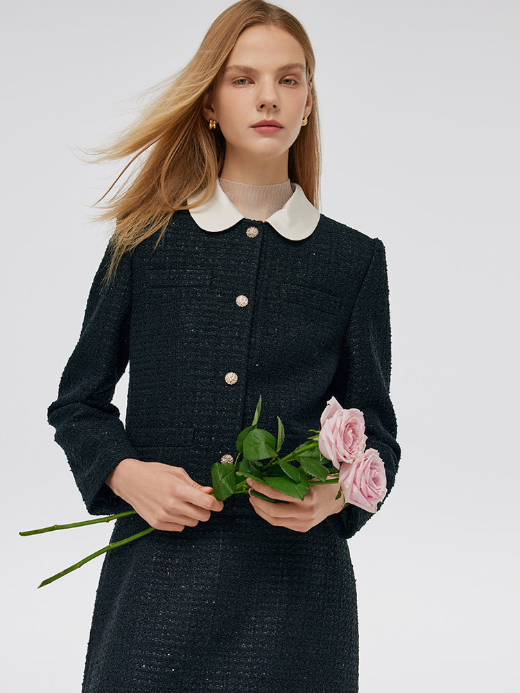 Tweed Crop Jacket And A-Line Skirt Two-Piece Set With Detachable Contrast Collar GOELIA