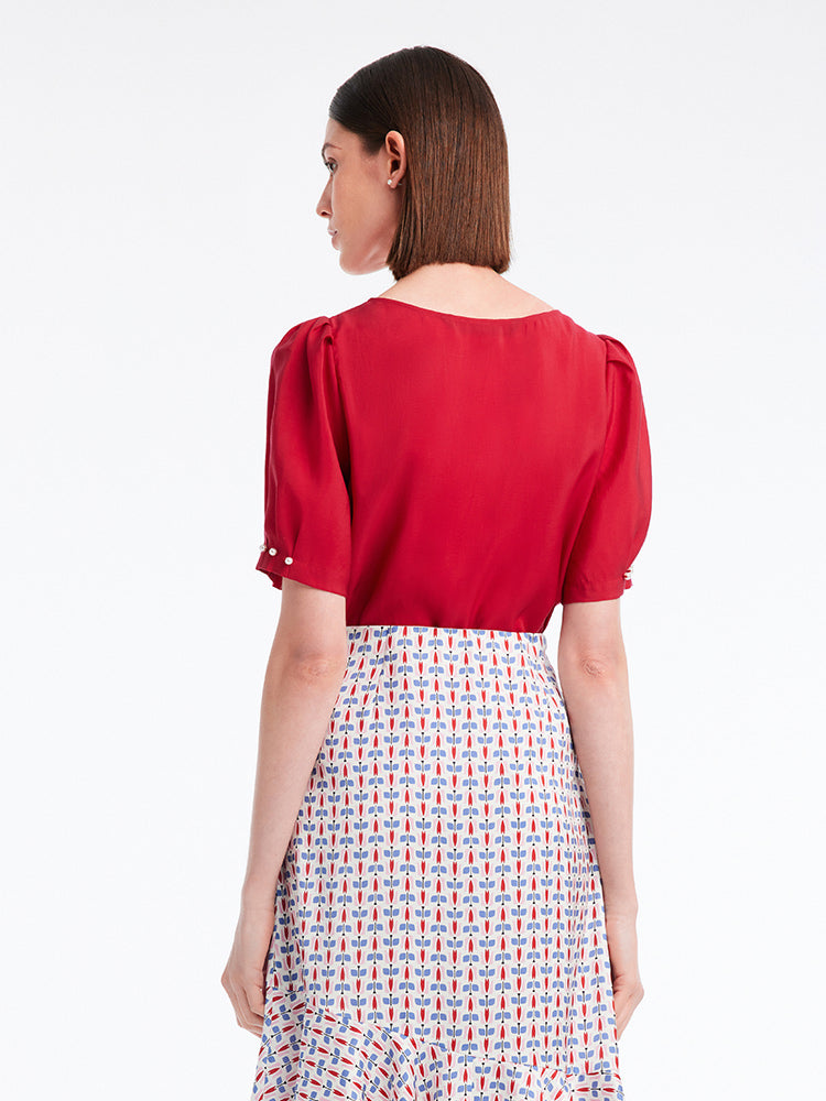 Chili Red Puff Sleeve Shirt GOELIA