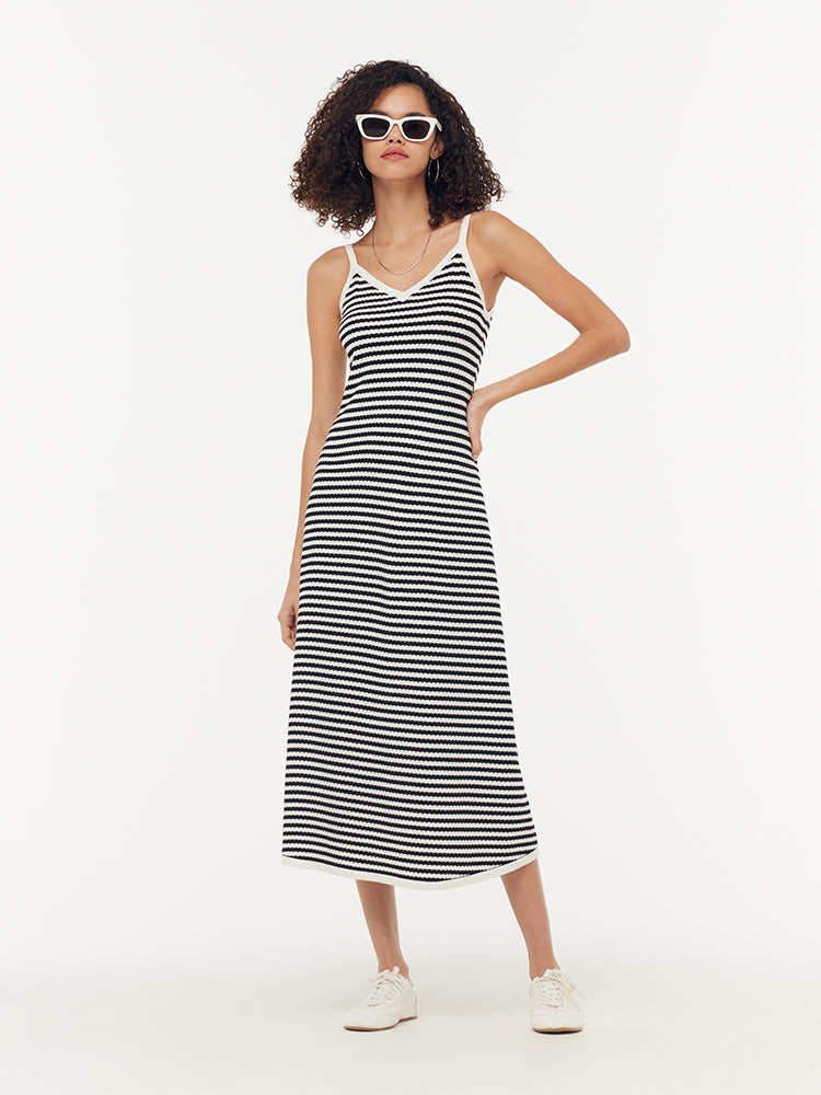 Tencel Beige And Black Stripe Women Knit Strap Maxi Dress GOELIA