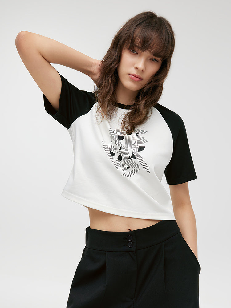 Geometric Printed Raglan Sleeves Women Crop T-Shirt GOELIA